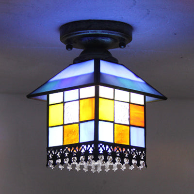 1 Head House Flush Verlichting Rustiek Lodge Style Glas Flush Mount Lamp in Black/Blue/Brass/Clear/Blue-Clear voor Foyer