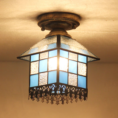 1 Head House Flush Verlichting Rustiek Lodge Style Glas Flush Mount Lamp in Black/Blue/Brass/Clear/Blue-Clear voor Foyer