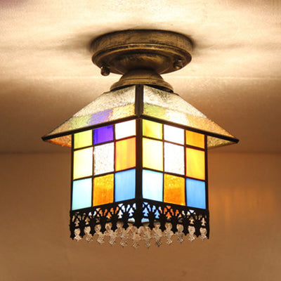 1 Head House Flush Verlichting Rustiek Lodge Style Glas Flush Mount Lamp in Black/Blue/Brass/Clear/Blue-Clear voor Foyer