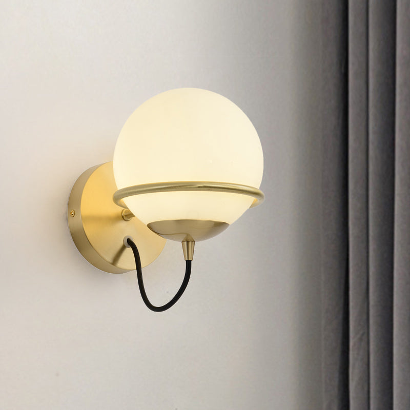 Single Wall Mount Spherical Sconce Light Contemporary Matte White Glass Brass Wall Light Fixture