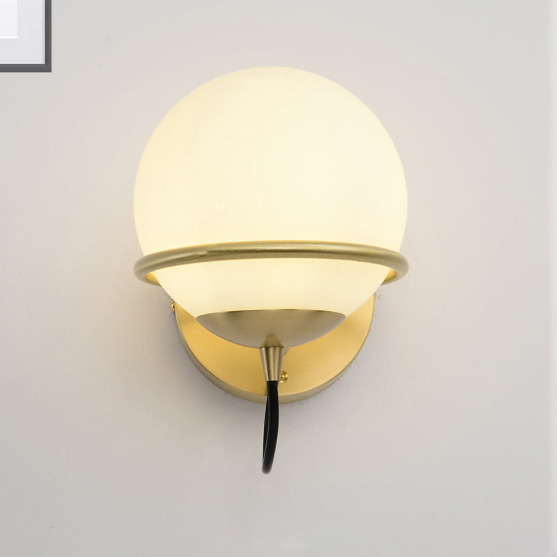 Single Wall Mount Spherical Sconce Light Contemporary Matte White Glass Brass Wall Light Fixture