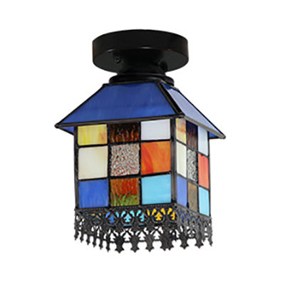 1 Head House Flush Verlichting Rustiek Lodge Style Glas Flush Mount Lamp in Black/Blue/Brass/Clear/Blue-Clear voor Foyer