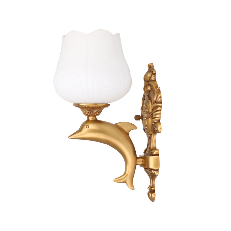 1 Bulb Petal Wall Lighting Fixture Vintage Style White Glass Wall Light with Golden Dolphin Deco