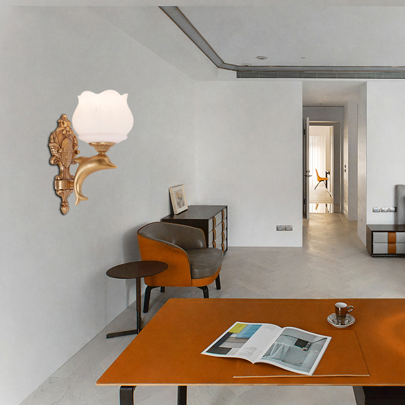 Lampada a parete del delfino oro Stile retrò in stile 1 MOLTO MOLTO SOLO DEL SOGGIORNO CON OPALE COMPLETO DI PETALE