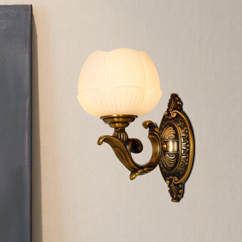 Lotus Shade Indoor Sconce Light Fixture Vintage White Glass and Metal 1 Light Brass Finish Wall Lamp