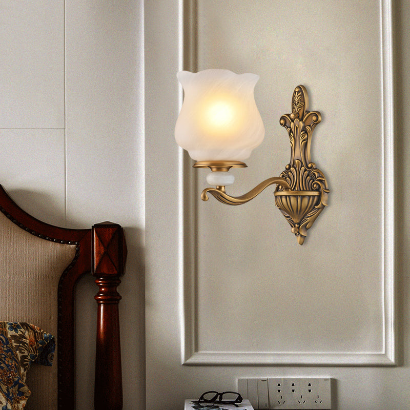 1/2-Head Wall Sconce Lighting Traditional Style Petal Shade Frosted Glass Wall Mounted Lamp in Brass