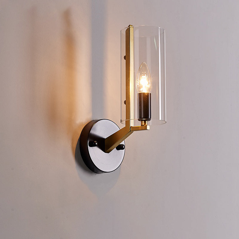 Black Tube Wall Light Retro 1 Light Transparent Glass Sconce Light Fixture with Brass Arm