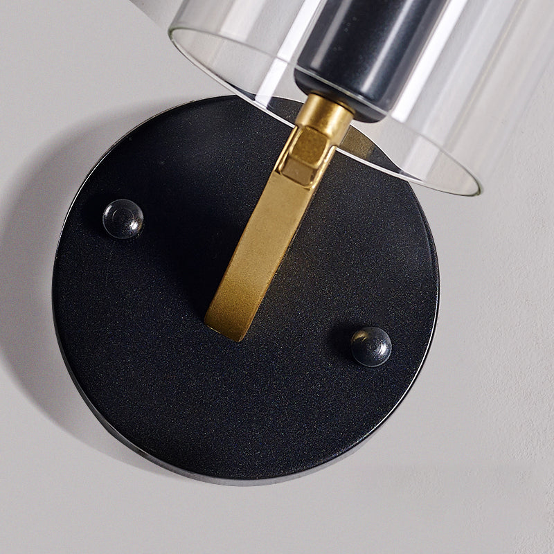 Black Tube Wall Light Retro 1 Light Transparent Glass Sconce Light Fixture with Brass Arm
