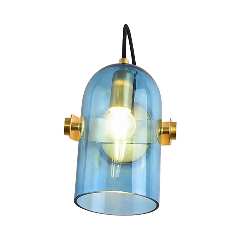 Retro Style Cloche Sconce Light 1 Bulb Amber/Blue/Smoke Gray Glass Bedroom Wall Mounted Lamp Kit in Brass Finish