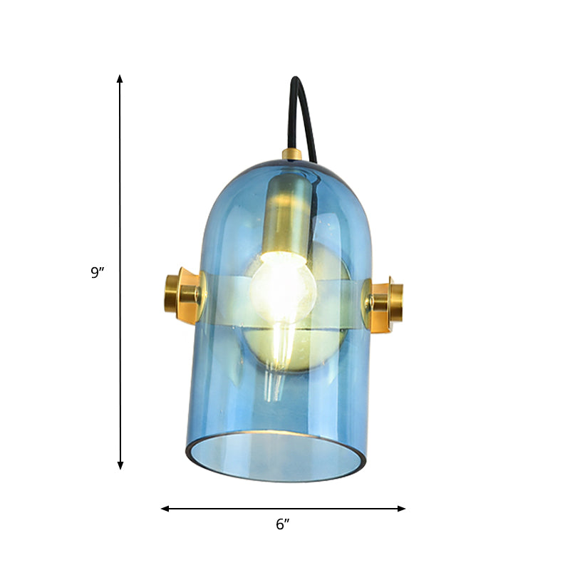 Retro Style Cloche Sconce Light 1 Bulb Amber/Blue/Smoke Gray Glass Bedroom Wall Mounted Lamp Kit in Brass Finish