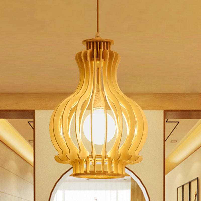 Modernismo urna/calabaza iluminación colgante de madera 1 lámpara colgante de bombilla en beige para comedor
