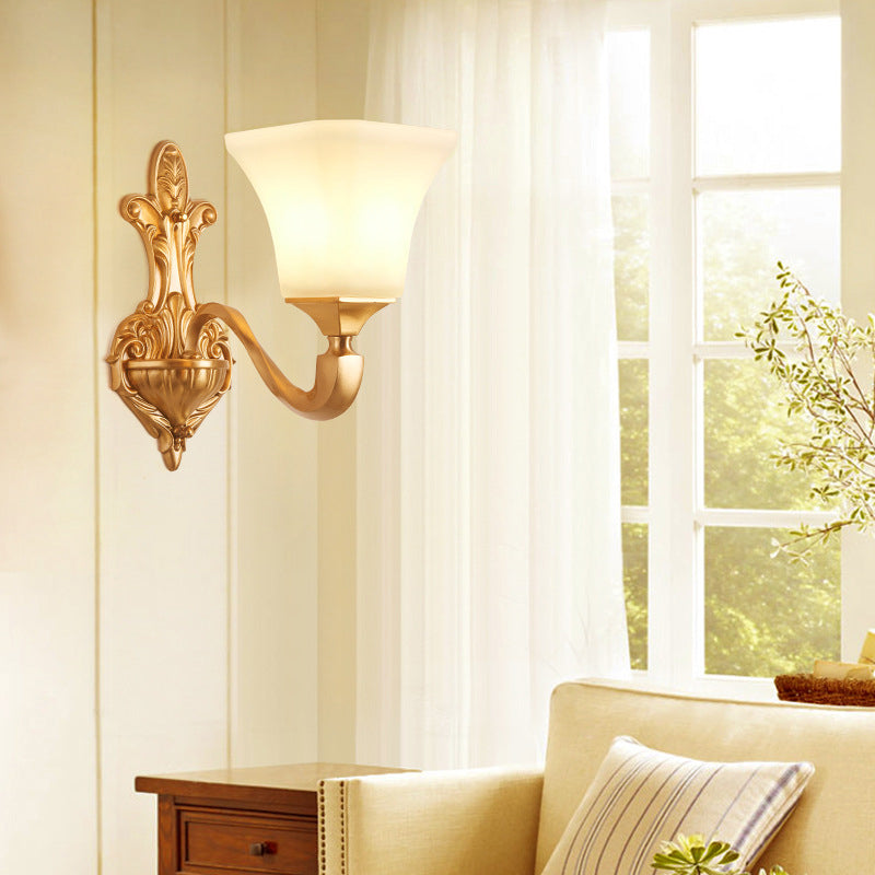 1/2-Bulb Wall Sconce Fixture Traditional Style Bell Shade Frosted Glass Wall Mount Light in Brass