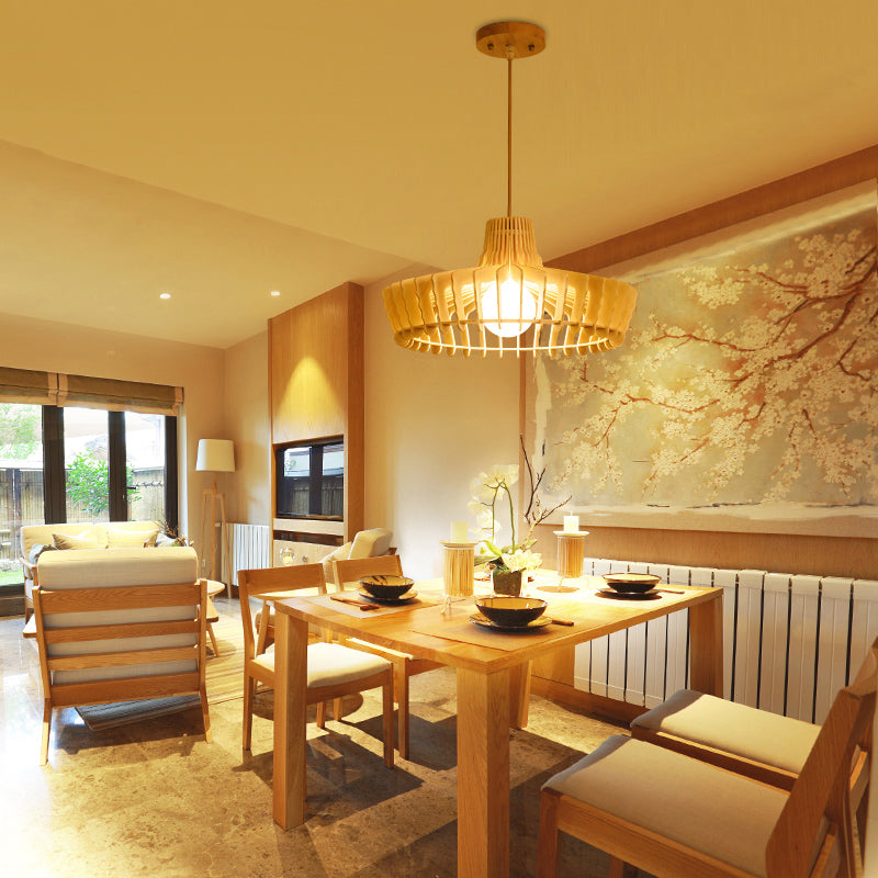 Lámpara colgante de orbes beige/hat contemporáneo 1 cabeza de madera de madera luz colgante para restaurante