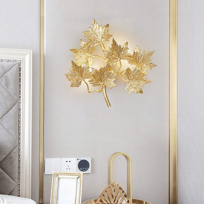 Gold 3 Lights Wall Mount Lamp Contemporary Style Aluminum Maple Leaf Sconce Light Fixture for Stairway