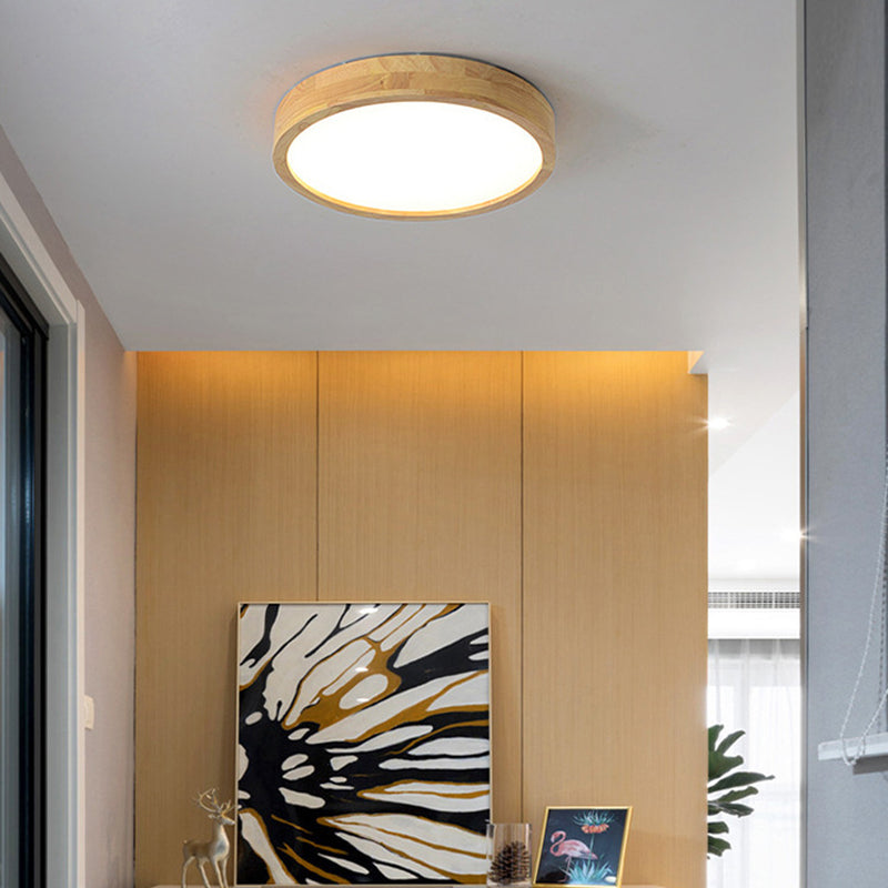 Circle Flush-Mount Light Fixture Modern Style Wooden LED Bedroom Flush Ceiling Light Fixture in Wood