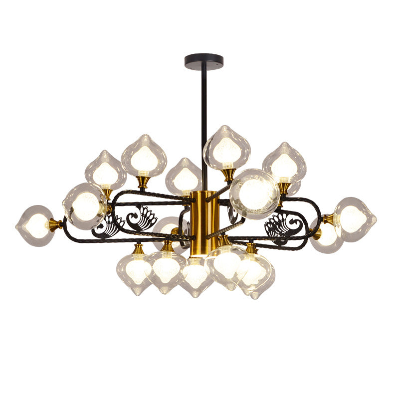 Black-Gold Peach Shaped Chandelier Postmodern 18-Bulb Clear and Frosted Glass  Pendant