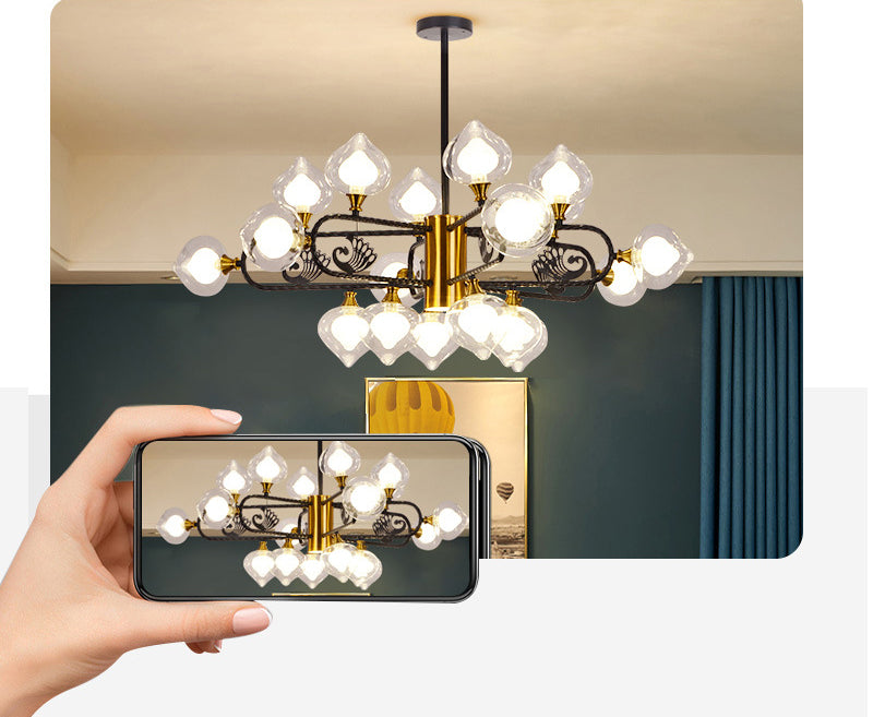 Black-Gold Peach Shaped Chandelier Postmodern 18-Bulb Clear and Frosted Glass  Pendant