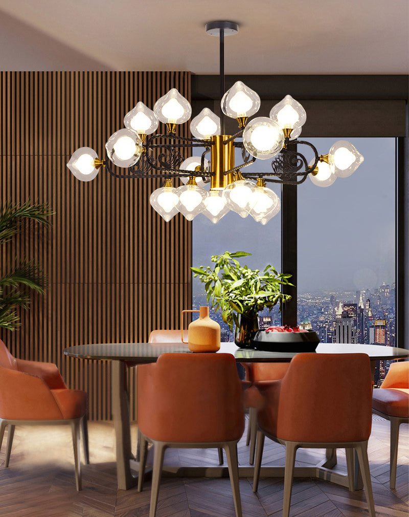 Black-Gold Peach Shaped Chandelier Postmodern 18-Bulb Clear and Frosted Glass  Pendant
