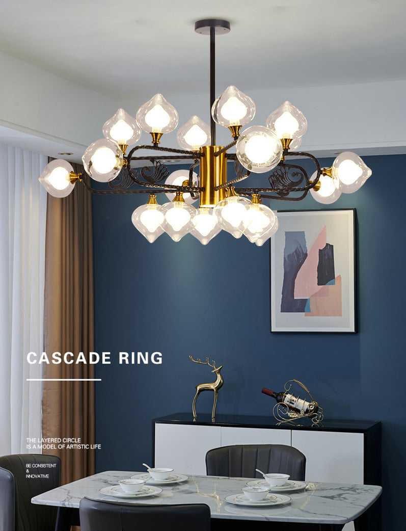 Black-Gold Peach Shaped Chandelier Postmodern 18-Bulb Clear and Frosted Glass  Pendant