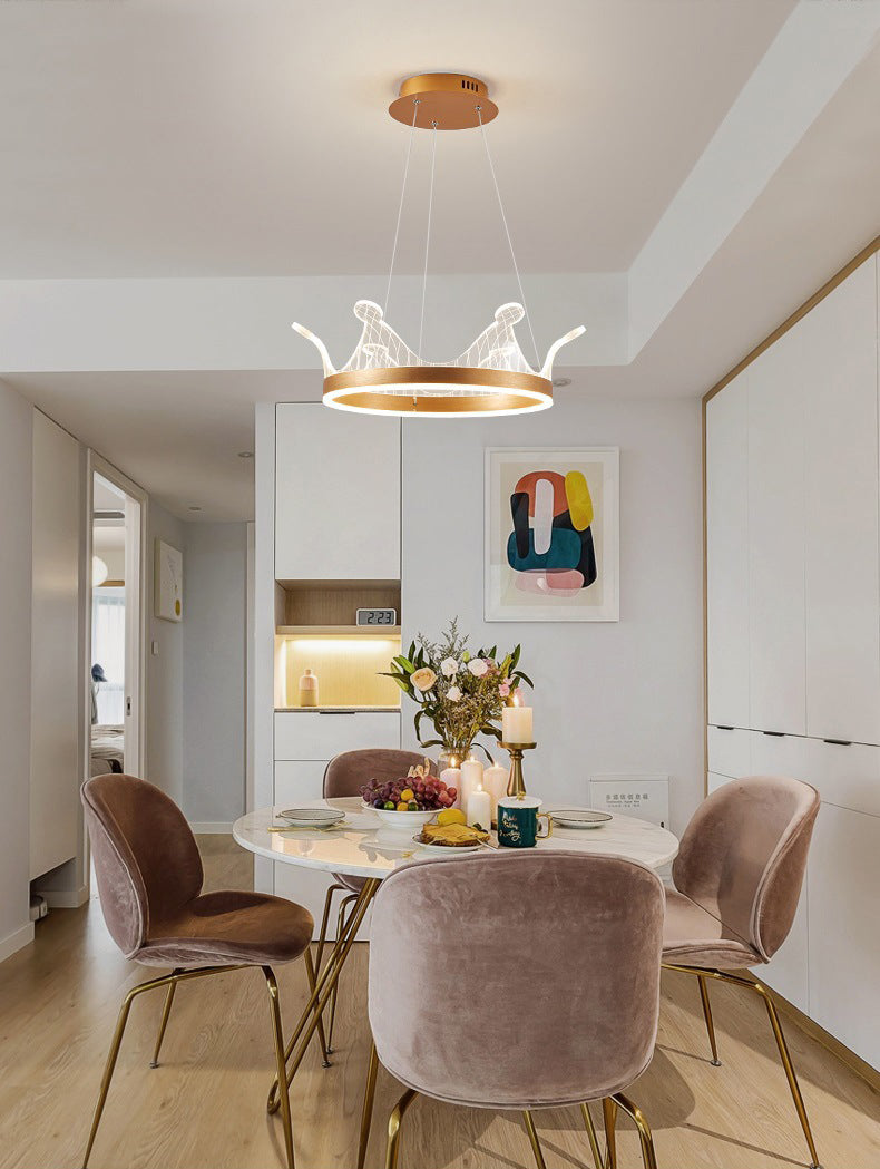 Minimalist LED Suspension Light Gold Crown Shaped Chandelier with Acrylic Diffuser
