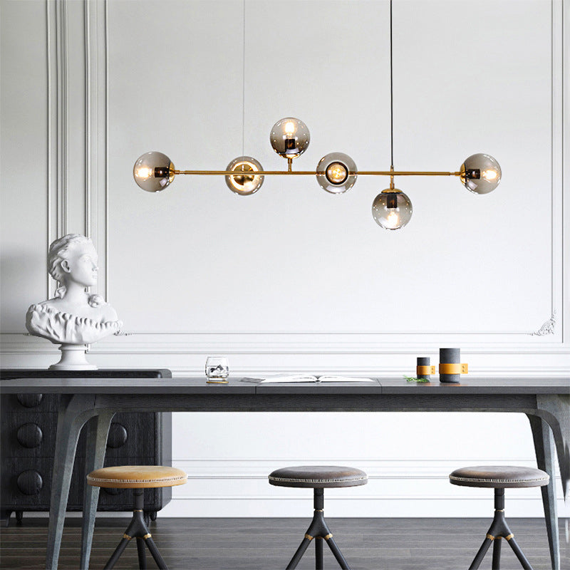 Smoke Grey Glass Globe Pendant Postmodern 6 Bulbs Gold Island Light Fixture for Dining Room