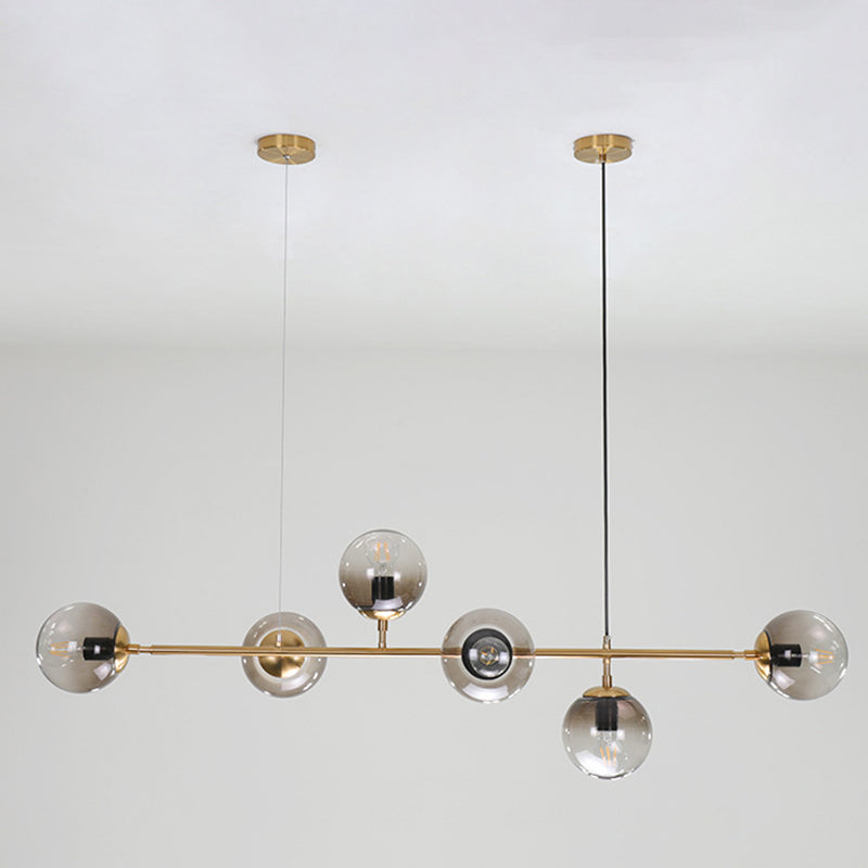 Smoke Grey Glass Globe Pendant Postmodern 6 Bulbs Gold Island Light Fixture for Dining Room