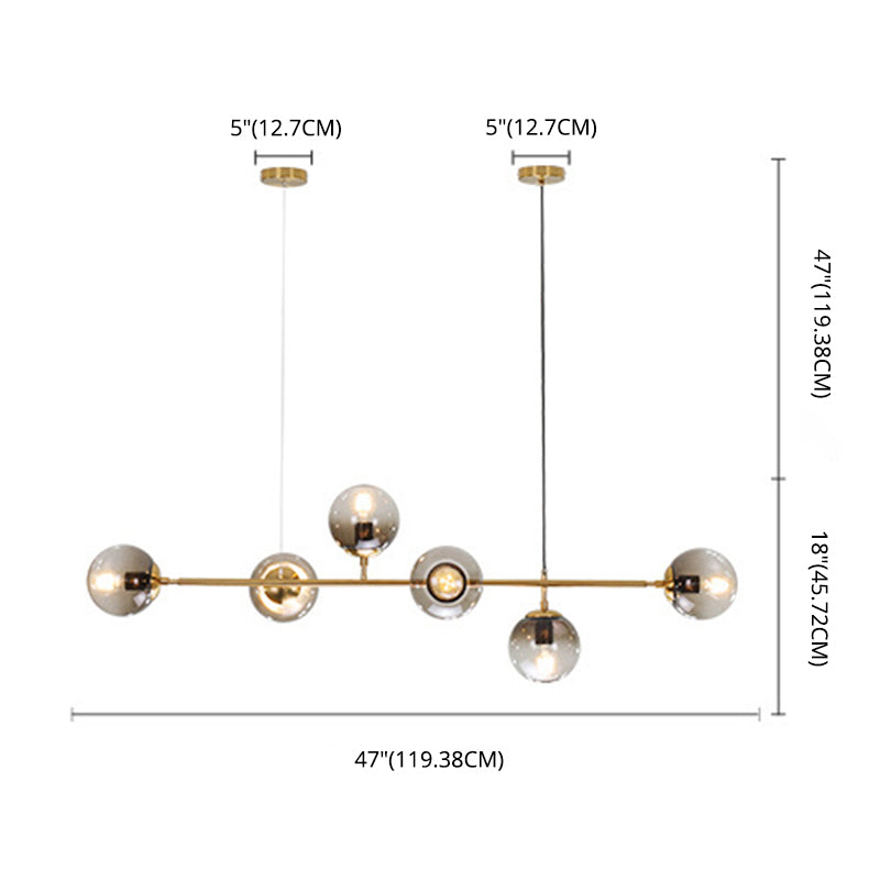 Smoke Grey Glass Globe Pendant Postmodern 6 Bulbs Gold Island Light Fixture for Dining Room