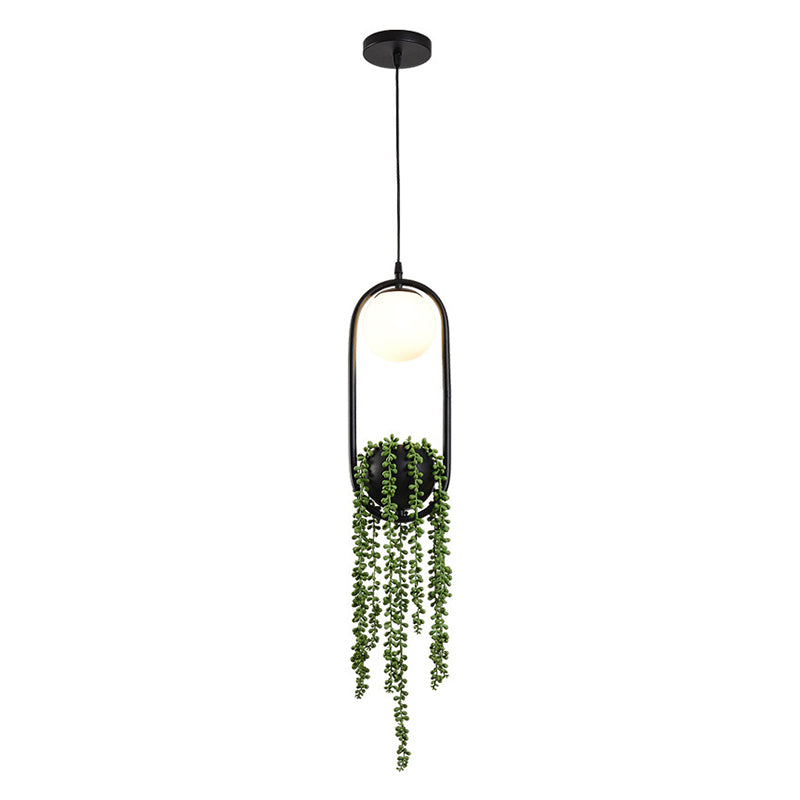 Black 1 Light Spherical Pendant Light Nordic Retro Oval Metal Ring Shade Hanging Lamp with Green Plant
