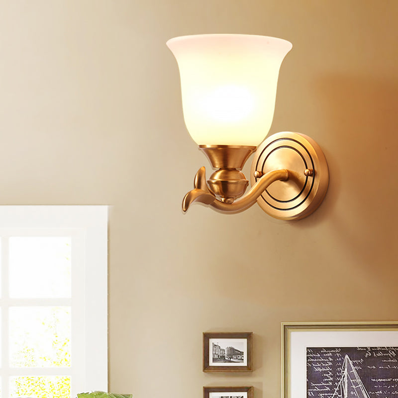 Brass Finish 1/2-Head Wall Lamp Modern Stylish White Glass Flared Shade Wall Sconce Fixture for Bedroom