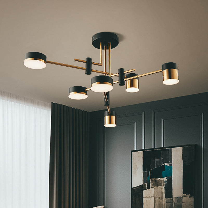 Moderno lampadario a sospensione radiale in metallo Luce a tamburo Sospensione LED Sospensione in nero per soggiorno