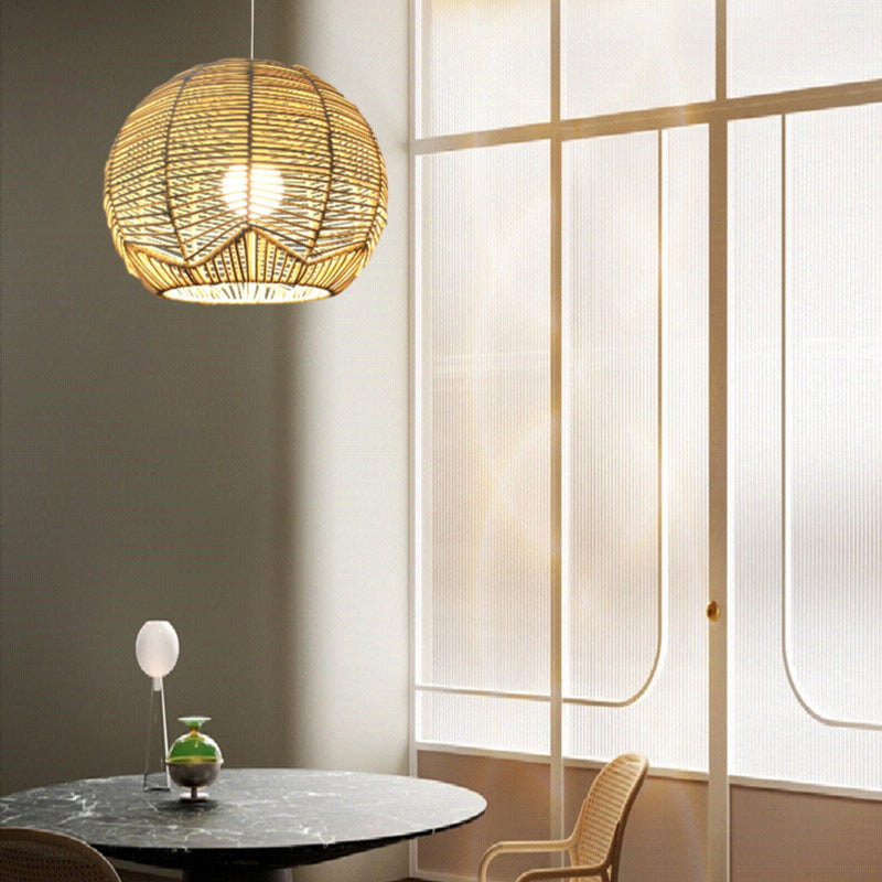 Spherical Shade Rattan Hanging Light Fixture Asian 1-Light Beige Pendulum Light