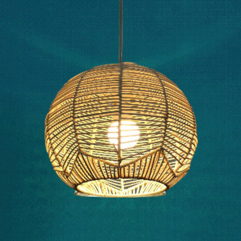 Spherical Shade Rattan Hanging Light Fixture Asian 1-Light Beige Pendulum Light