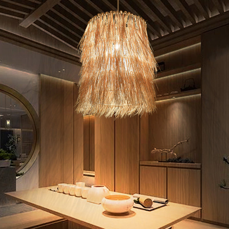 Tassel Pendant Lighting Asian Inspired Rattan 1 Bulb Dining Room Hanging Lamp in Beige