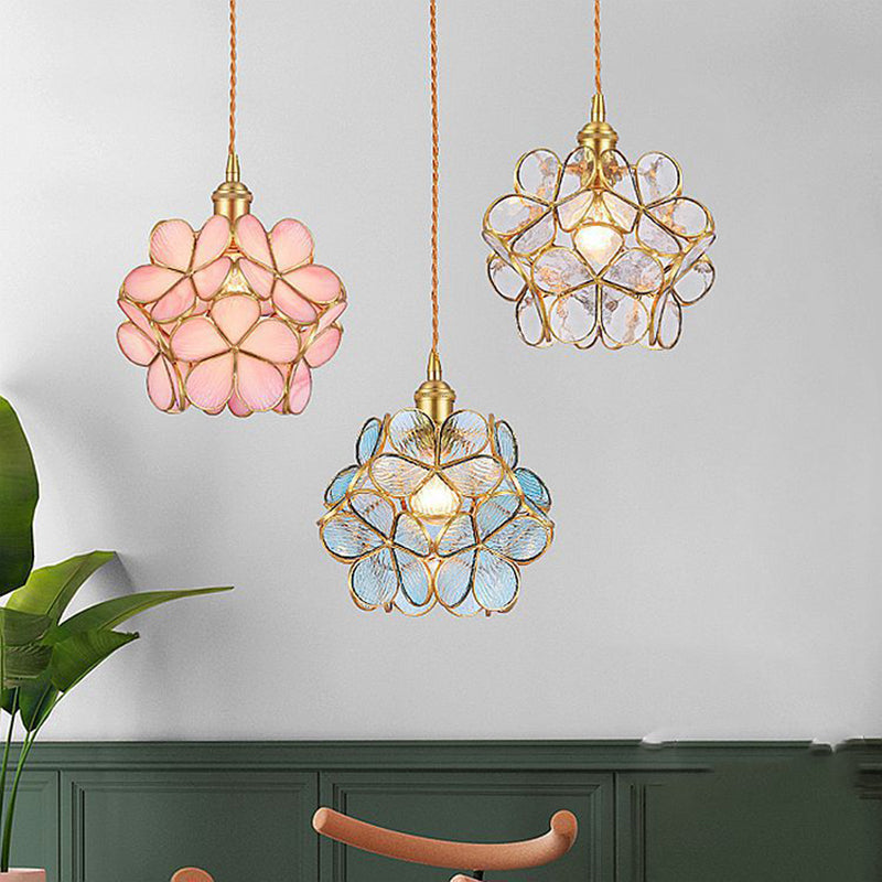 Brass Glass Petals Hanging Light 8.6" Wide Colonial Style Mini Suspension Lighting Fixture
