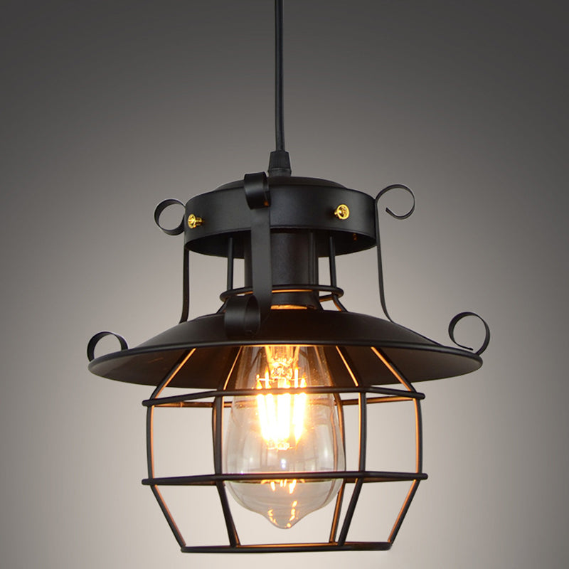Retro Industrial Open Grid Cage Pendellicht Iron 1 Helles schwarzes Aufhängung Licht zum Esstisch
