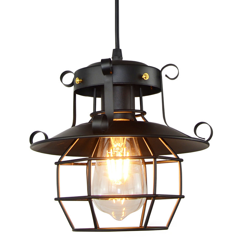 Retro Industrial Open Grid Cage Pendellicht Iron 1 Helles schwarzes Aufhängung Licht zum Esstisch