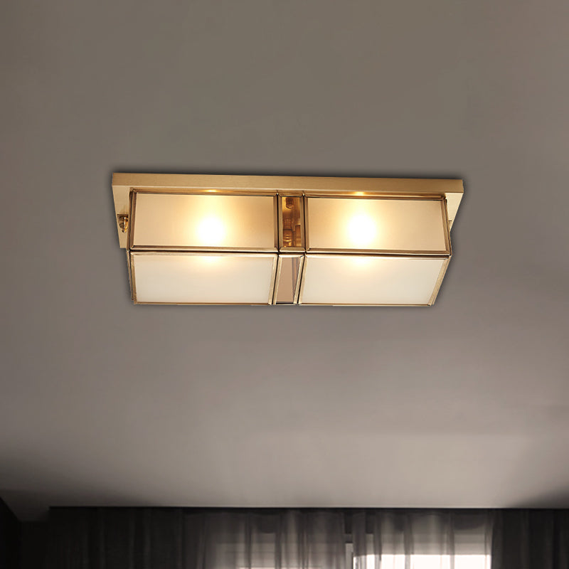 Brass Rectangle Flush Mount Fixture Classic Frosted Glass 4 Lights Living Room Flush Light