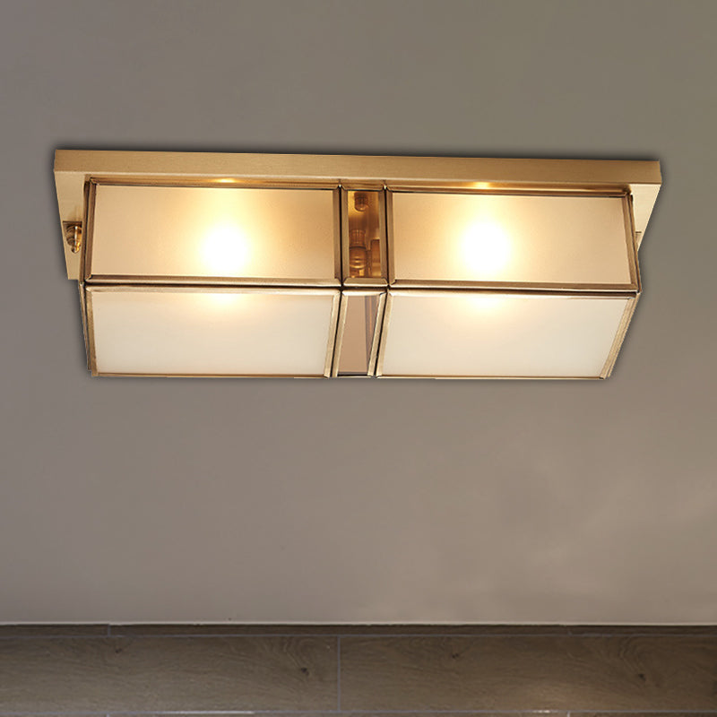 Brass Rectangle Flush Mount Fixture Classic Frosted Glass 4 Lights Living Room Flush Light