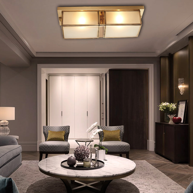 Brass Rectangle Flush Mount Fixture Classic Frosted Glass 4 Lights Living Room Flush Light