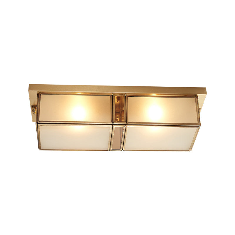 Brass Rectangle Flush Mount Fixture Classic Frosted Glass 4 Lights Living Room Flush Light