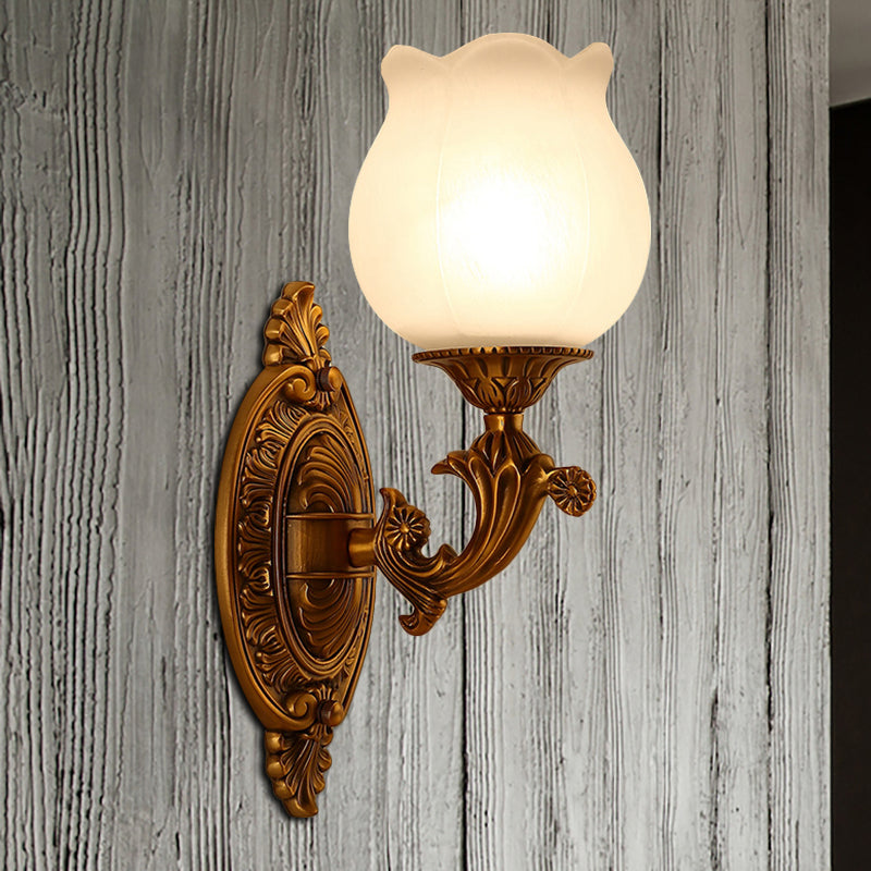 Petal Milk Glass Wall Light Sconce Traditional Stylish 1 Bulb Bedroom Wall Mount Light in Gold