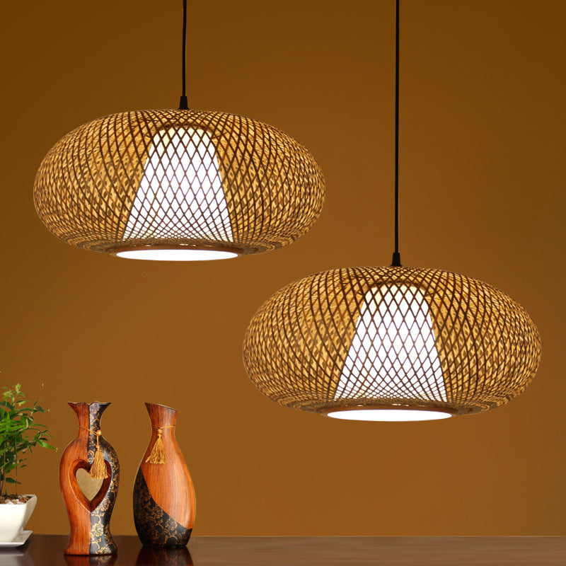 Curved Drum Pendant Lighting Tradition Bamboo 1 Bulb 12"/14"/16" Wide Wood Hanging Lamp Kit