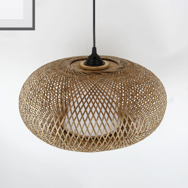 Curved Drum Pendant Lighting Tradition Bamboo 1 Bulb 12"/14"/16" Wide Wood Hanging Lamp Kit