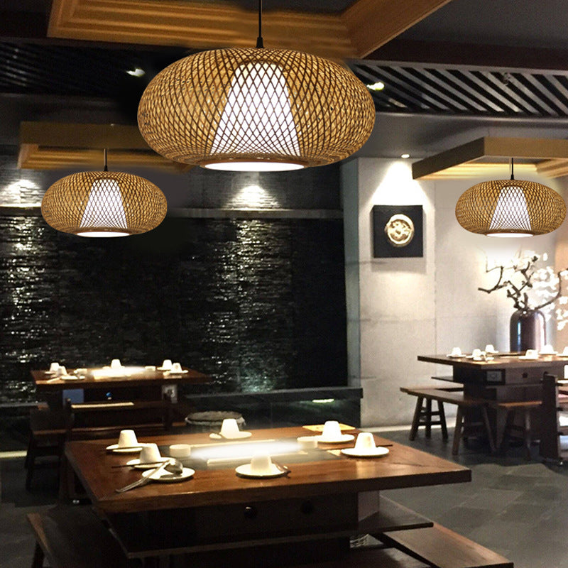 Curved Drum Pendant Lighting Tradition Bamboo 1 Bulb 12"/14"/16" Wide Wood Hanging Lamp Kit