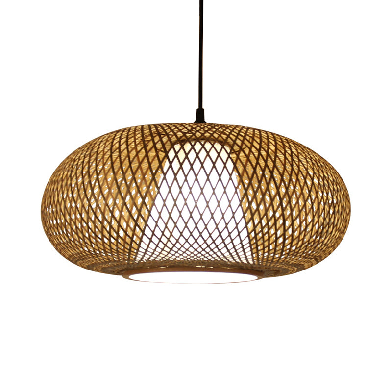 Curved Drum Pendant Lighting Tradition Bamboo 1 Bulb 12"/14"/16" Wide Wood Hanging Lamp Kit