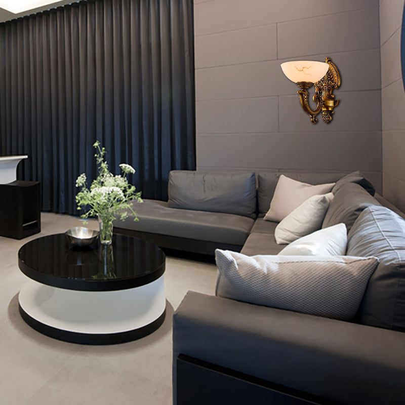 Antique Brass 1/2-Bulb Wall Mount Lighting Colonial Style Frosted Glass Bowl Shade Wall Lamp