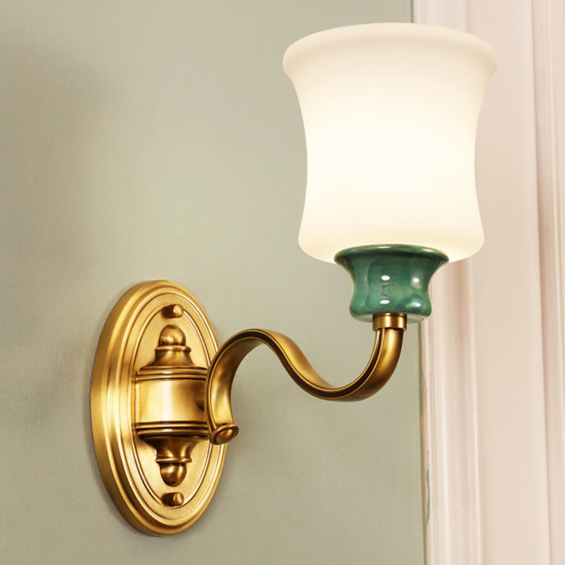 Metal Gold Finish Wall Sconce Bell 1/2-Bulb Vintage Style Wall Light Fixture with Milky Glass Shade