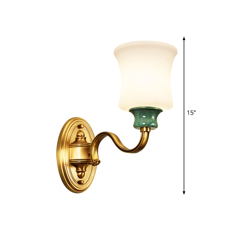 Metal Gold Finish Wall Sconce Bell 1/2-Bulb Vintage Style Wall Light Fixture with Milky Glass Shade