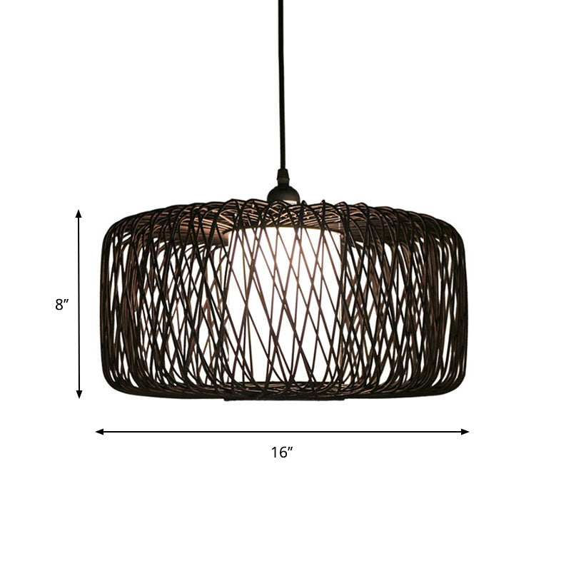 Cylinder Suspension Pendant Contemporary Bamboo 1 Bulb Black/Wood Hanging Light Kit, 16"/23.5" Wide