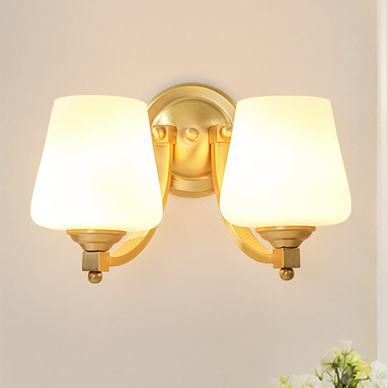Gold 1/2-Bulb Wall Sconce Lamp Modern Style White Glass Cup Shaped Wall Lighting for Bedroom